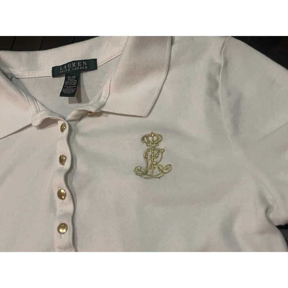 Lauren Ralph Lauren White Polo Shirt Gold Crest Size Medium Vintage Coastal